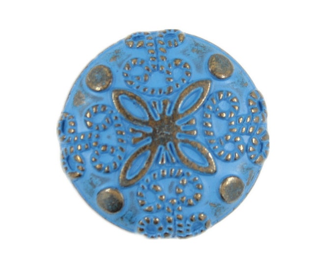 Metal Buttons - Damascene Carvings Design Blue Paint Copper Shank Buttons - 23mm - 7/8 inch - 6 pcs