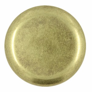 May include: A round, brass-colored button with a smooth, slightly textured surface.