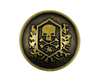 Metal Buttons - Antiqued Brass Skull Emblem Pattern Metal Shank Buttons - 23mm - 7/8 inch - 6 pcs