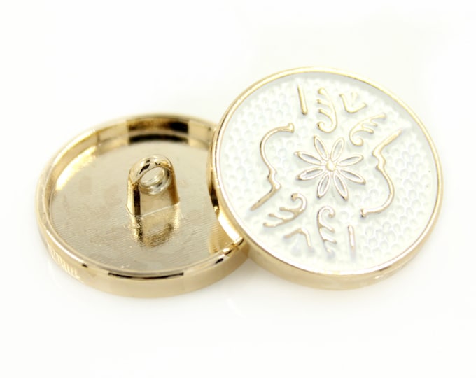 Metal Buttons - Golden Elegant Floral Design White Enamel Buttons - 25mm - 1 inch - 4 pcs