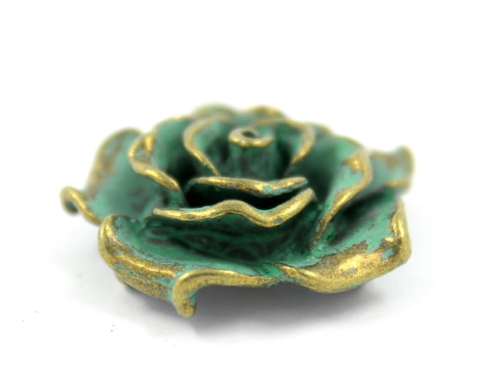 Metal Buttons - Rose Bloom Metal Buttons , Brass Cyan Color , 4 Shanks - 30mm - 1 3/16 inch - 2 pcs