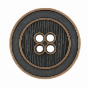 May include: A round, copper-colored button with a black center. The center has a textured design and four holes in the shape of a flower.