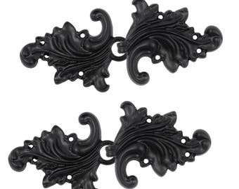 2 Pairs Asymmetric Acanthus Leaf Cloak Clasp Hook And Eye Matte Black Fasteners. 66mm x 28mm Fastened.