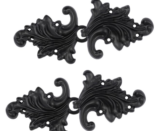 2 Pairs Asymmetric Acanthus Leaf Cloak Clasp Hook And Eye Matte Black Fasteners. 66mm x 28mm Fastened.