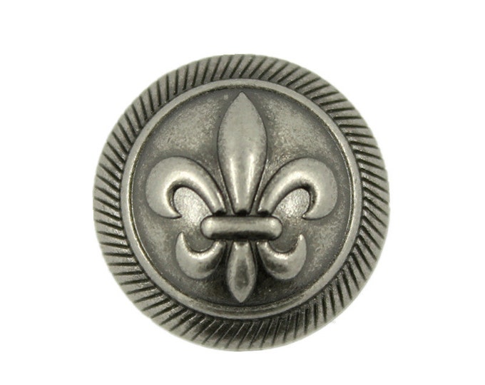 Metal Buttons - Gray Silver Embossed Fleur-De-Lis Metal Shank Domed Buttons - 17mm - 11/16 inch - 6 pcs