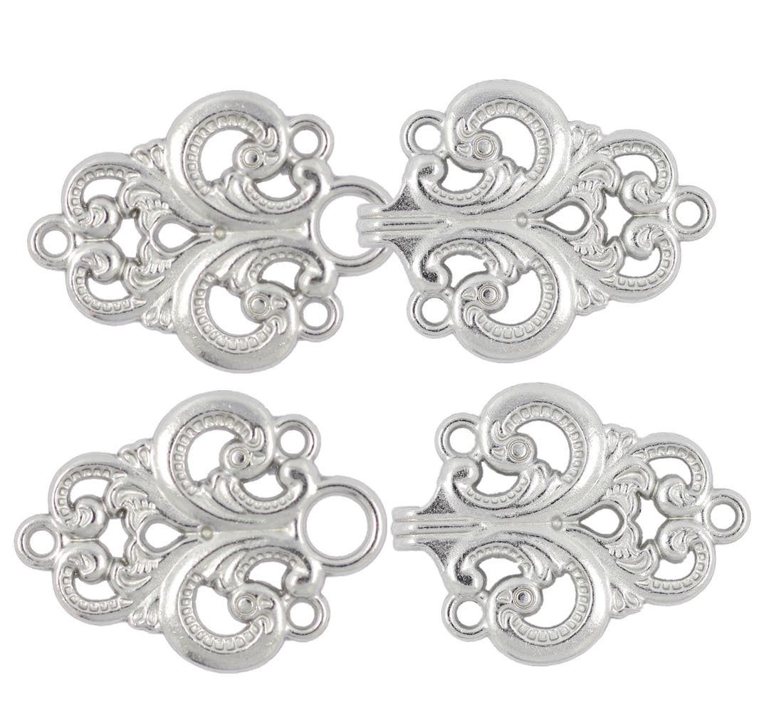 2 Pairs Baroque Swirl Cloak Clasp Hook and Eye Shiny Silver Fasteners. 65mm  X 28mm Fastened. -  Australia
