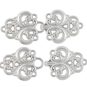 2 Pairs Baroque Swirl Cloak Clasp Hook And Eye Shiny Silver Fasteners.   65mm x 28mm Fastened.