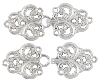 2 Pairs Baroque Swirl Cloak Clasp Hook And Eye Shiny Silver Fasteners.   65mm x 28mm Fastened.