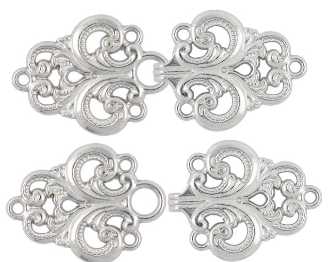 2 Pairs Baroque Swirl Cloak Clasp Hook And Eye Shiny Silver Fasteners.   65mm x 28mm Fastened.