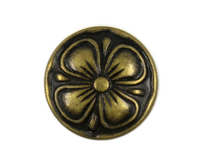 Metal Buttons - Antique Brass Clover Metal Shank Buttons - 15mm - 5/8 inch - 6 pcs