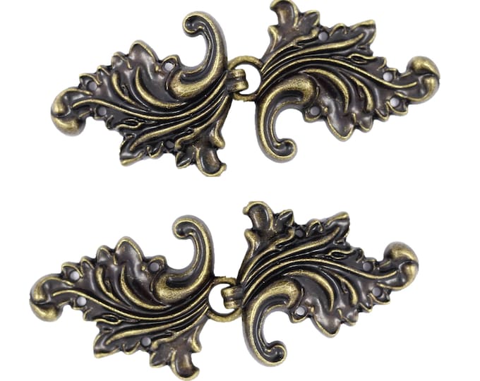 2 Pairs Asymmetric Acanthus Leaf Cloak Clasp Hook And Eye Antique Brass Fasteners. 66mm x 28mm Fastened.