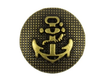Metal Buttons - Antique Brass Embossed Anchor on Lattice Background Metal Shank Buttons - 20mm - 3/4 inch - 6 pcs