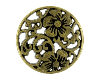 Flower Metal Buttons - Flower Vine Openwork Antique Brass Color Metal Shank Buttons - 15mm - 5/8 inch - 6 pcs