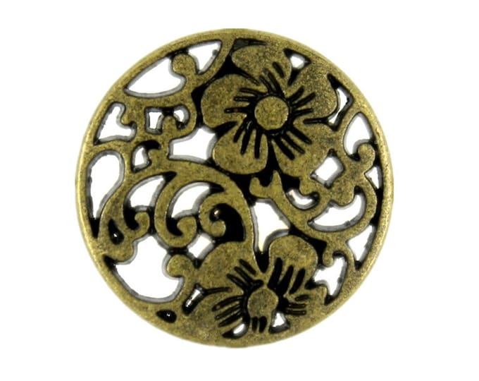 Flower Metal Buttons - Flower Vine Openwork Antique Brass Color Metal Shank Buttons - 15mm - 5/8 inch - 6 pcs