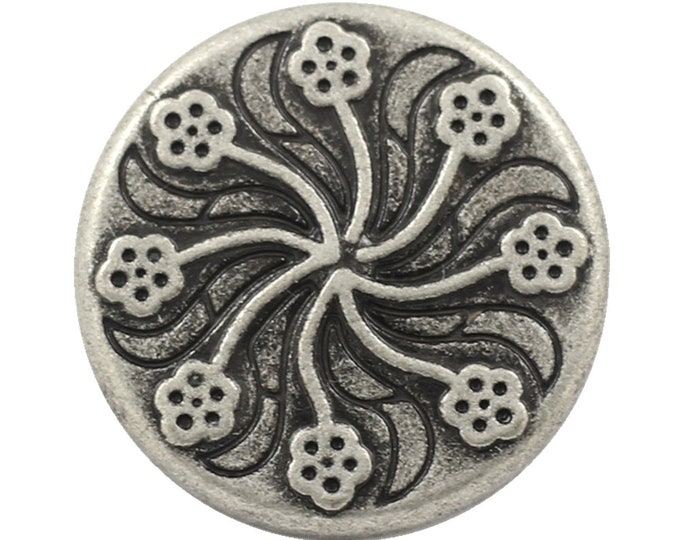 Flower Metal Buttons - Flourish Antique Silver Metal Shank Buttons - 20mm - 3/4 inch - 6 pcs