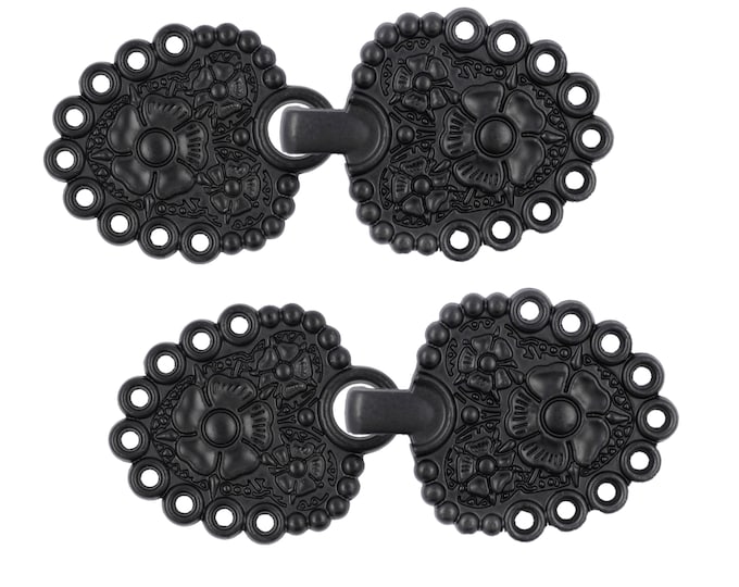 2 Pairs Romantic Bouquet Cloak Clasp Hook And Eye Matte Black Fasteners. 62mm x 25mm Fastened.