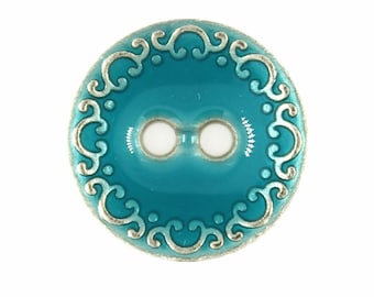 Metal Buttons - Aqua Blue Enamel With Silver Scrollwork Edge Metal Hole Buttons - 18mm - 11/16 inch - 6 pcs
