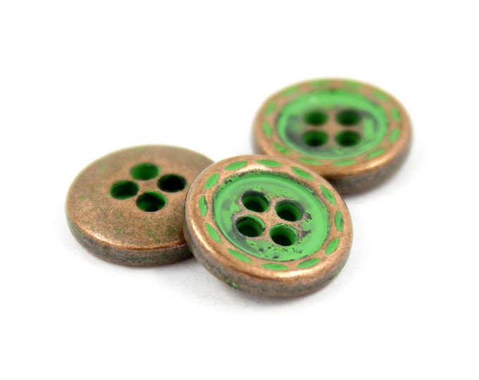 Metal Buttons - Dotted Line Edge Green 4 holes Copper Buttons - 12mm - 1/2 inch - 6 pcs