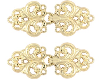 2 Pairs Baroque Swirl Cloak Clasp Hook And Eye Gold Fasteners.   65mm x 28mm Fastened.