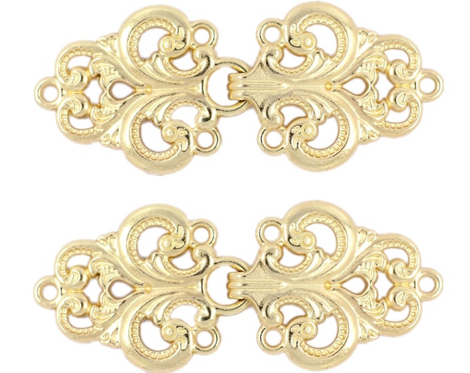 2 Pairs Baroque Swirl Cloak Clasp Hook And Eye Gold Fasteners.   65mm x 28mm Fastened.