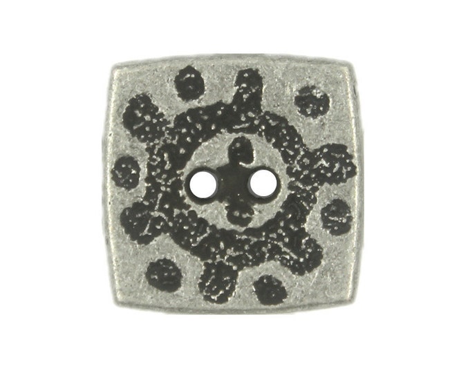 Metal Buttons - Tribal Sun Square Retro Silver Metal Hole Buttons - 15mm - 5/8 inch - 6 pcs