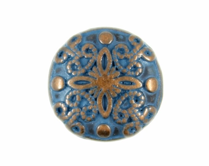 Metal Buttons - Damascene Carvings Design Retro Blue Paint Copper Shank Buttons - 18mm - 11/18 inch - 6 pcs