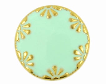Metal Buttons - Gold Flowers Spearmint Green Enamel Metal Shank Buttons - 14mm - 9/16 inch - 6 pcs