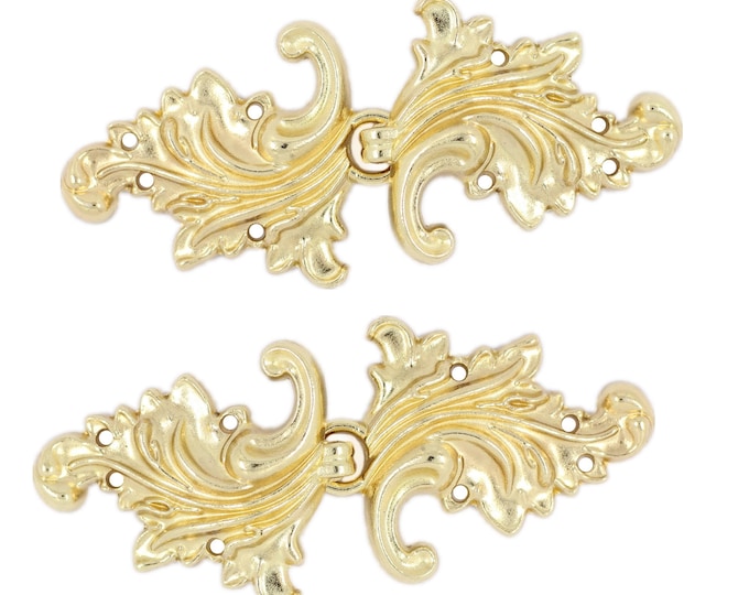 2 Pairs Asymmetric Acanthus Leaf Cloak Clasp Hook And Eye Gold Fasteners. 66mm x 28mm Fastened.