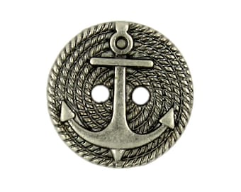 Metal Buttons - Gray Silver Chain And Anchor Metal Hole Buttons - 18mm - 11/16 inch - 12 pcs