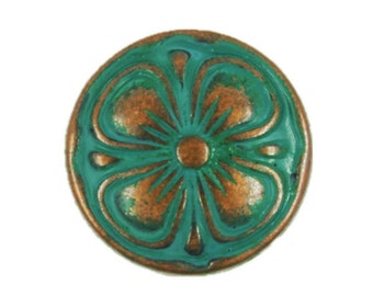 Metal Buttons - Antique Copper Clover Metal Shank Buttons in Deep Cyan Color - 15mm - 5/8 inch - 6 pcs