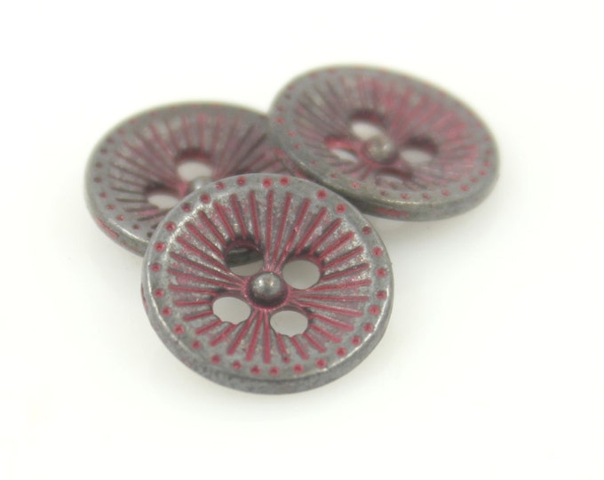 Metal Buttons - Gunmetal Dandelion Holes Buttons in Dark Pink Color - 12mm - 1/2 inch - 6 pcs