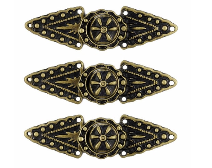 5 Pairs Antique Brass Triangles and Flower Cloak Clasp Metal Fasteners. 52mm x 15mm Fastened.