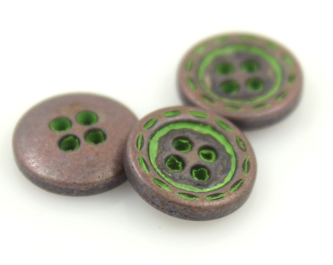 Metal Buttons - Dotted Line Edge Retro Green 4 holes Copper Buttons - 12mm - 1/2 inch - 6 pcs
