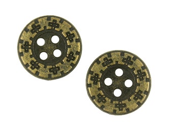 Metal Buttons - Decorative Edge Antique Brass 2 hole buttons - 14mm - 9/16 inch - 6 pcs
