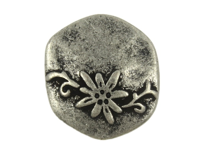 Flower Metal Buttons - Hexagon Flower and Vine Antique Silver Metal Shank Buttons - 20mm - 3/4 inch - 3 pcs