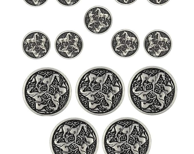 Celtic Horses Metal Shank Buttons. Blazer Button Set. 5 Pcs of 25mm, 9 Pcs of 18mm (Antique Silver)