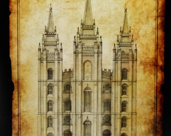 FREE SHIPPING on this 5x7 print of an original hand-drawn and water colored elevation of the Salt Lake City Temple.