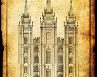 FREE SHIPPING on this 8x10 print of an original hand-drawn and water colored elevation of the Salt Lake City Temple.
