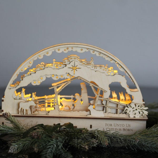 Small Natural Wood Nativity with lights Schwibbogen