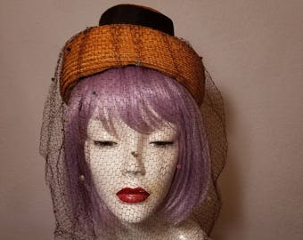 FREE SHIPPING 1940 Straw Veil Hat