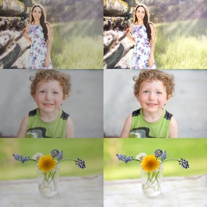 May include: A collage of four images featuring a young girl in a floral dress, a young boy in a green tank top, and a vase with a yellow dandelion and blue flowers.