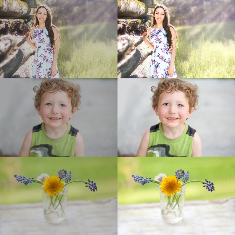 May include: A collage of four images featuring a young girl in a floral dress, a young boy in a green tank top, and a vase with a yellow dandelion and blue flowers.