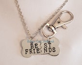 Best Friends Split Bone Necklace Pet Dog Tag Set on Silver Crossed Chain or Black Faux Suede Cord and Silver Bag Clip