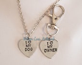 I 3 My Dog, I 3 My Owner Necklace and Dog Pet Tag Set on Silver Crossed Chain or Black Faux Suede Cord Silver Bag Clip