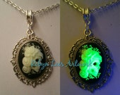 Glow in the Dark Small Green Mexican Day of the Dead Sugar Skull Cabochon Cameo Necklace on Silver Crossed Chain. Dia de Muertos