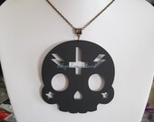 XL Matte Black Laser Cut Acrylic Sugar Skull Inverted Cross Lightning Necklace on Silver, Bronze, Gunmetal or Gold Chain or Black Cord