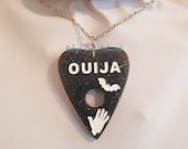 Black Glitter Resin Ouija Board Planchette Pendant Necklace with Hand Vampire Bat on Silver Crossed Chain or Black Faux Suede Cord
