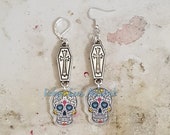 3D Silver Cross Coffin Dia De Los Muertos Acrylic Sugar Skull Earrings on Silver Hooks or Leverbacks, Halloween, Cute, Gothic