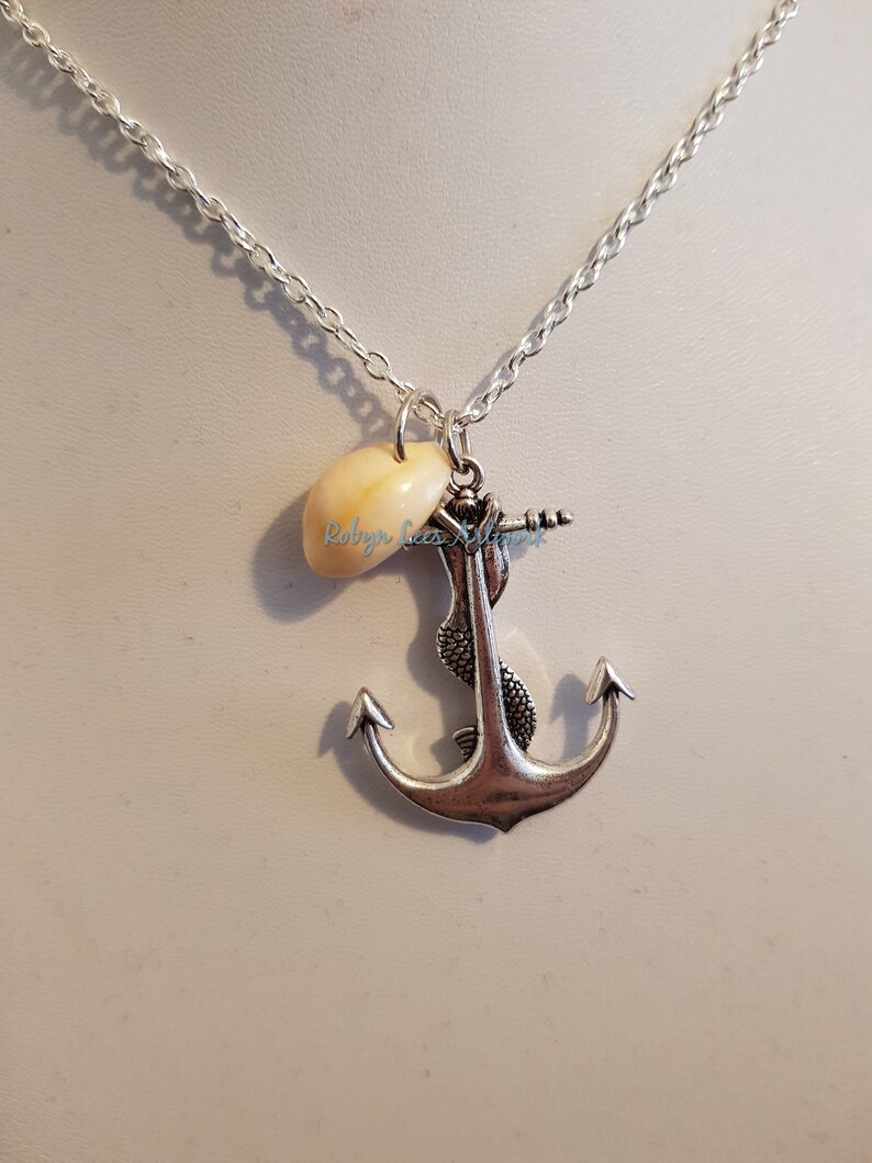 Nautical Silver Mermaid Anchor Pendant Necklace with a Small Real Seashell Shell on Silver Crossed Chain or Black Faux Suede Cord Sailor