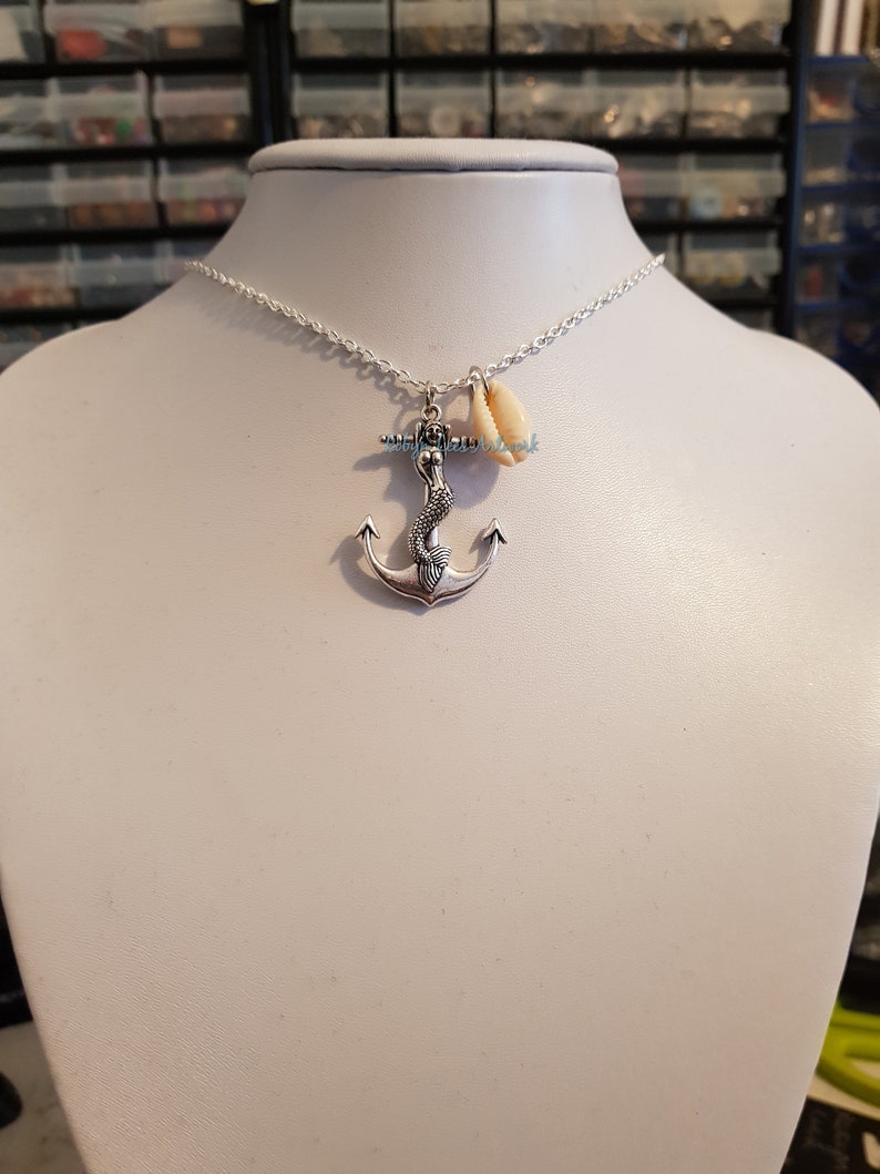 Nautical Silver Mermaid Anchor Pendant Necklace with a Small Real Seashell Shell on Silver Crossed Chain or Black Faux Suede Cord Sailor